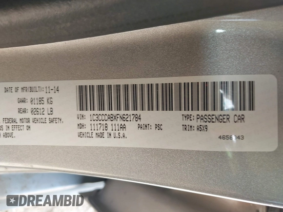 2015 Chrysler 200 Limited with VIN 1C3CCCABXFN621784, listed as a IAAI auction lot 41914473 with 117,313 mi miles. Bid and sale history available at carsss.com. Image 9.