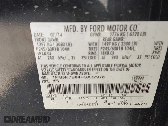 2015 Ford Explorer with VIN 1FM5K7B84FGA37978, listed as a IAAI auction lot 42063845 with 166,896 mi miles and . Bid and sale history available at DreamBid. Image 9.