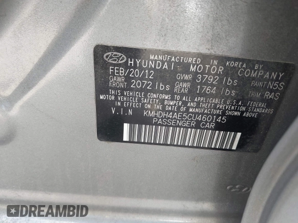 2012 Hyundai Elantra GLS с VIN KMHDH4AE5CU460145, выставлен на аукционе IAAI как лот 42351225 с пробегом 195 188 миль миль и . История ставок и продаж доступна на DreamBid. Изображение 9.