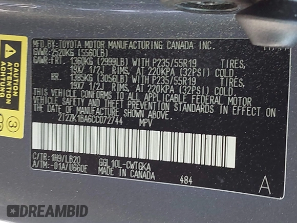 2012 Lexus RX with VIN 2T2ZK1BA6CC072744, listed as a IAAI auction lot 42001534 with 179,862 mi miles and . Bid and sale history available at carsss.com. Image 9.