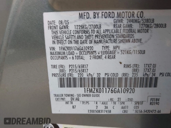 2006 Ford Freestyle SE z VIN 1FMZK01176GA10920, wystawiony jako IAAI lot #41509523 z przebiegiem 248 318 mil mil oraz . Historia ofert i sprzedaży dostępna na DreamBid. Obrazek 9.