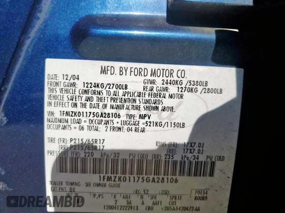 2005 Ford Freestyle SE z VIN 1FMZK01175GA28106, wystawiony jako Copart lot #56126035 z przebiegiem 121 936 mil mil oraz Szkoda całkowita • Salvage title. Historia ofert i sprzedaży dostępna na DreamBid. Obrazek 13.
