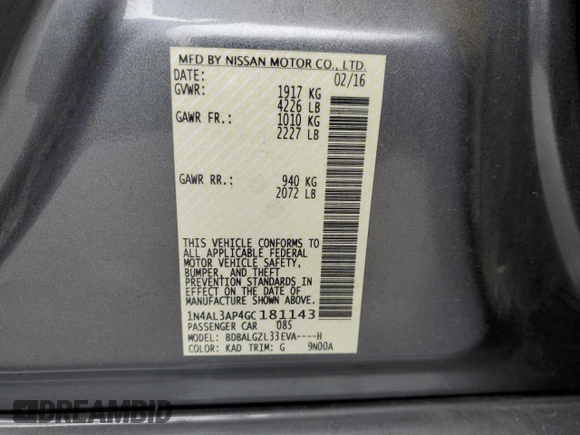 2016 Nissan Altima S with VIN 1N4AL3AP4GC181143, listed as a Copart auction lot 55594225 with 115,308 mi miles and Salvage Title. Bid and sale history available at DreamBid. Image 12.