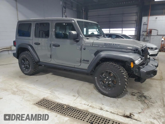 2021 Jeep Wrangler Unlimited Willys with VIN 1C4HJXDN3MW570110, listed as a Copart auction lot 53696535 with 40,166 mi miles and Salvage title. Bid and sale history available at DreamBid. Image 4.