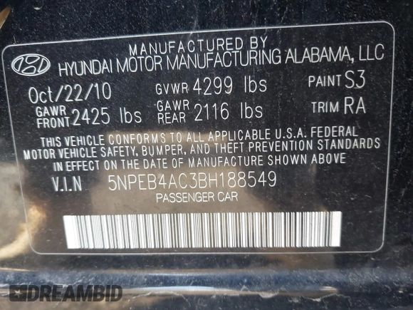 2011 Hyundai Sonata GLS with VIN 5NPEB4AC3BH188549, listed as a IAAI auction lot 42142122 with Not Provided miles and . Bid and sale history available at carsss.com. Image 9.