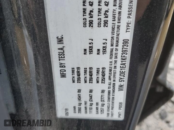 2019 Tesla Model 3 Mid Range with VIN 5YJ3E1EA1KF397390, listed as a Copart auction lot 49862915 with 63,698 mi miles and Salvage Title. Bid and sale history available at carsss.com. Image 12.