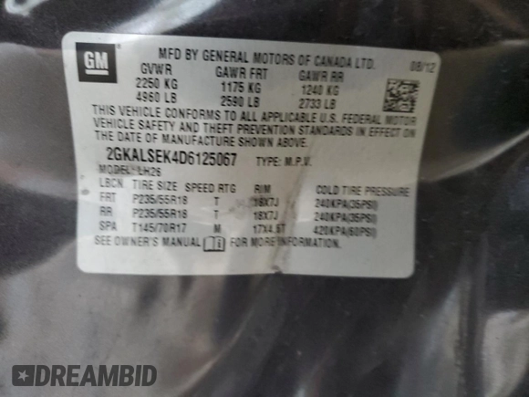 2013 GMC Terrain SLE with VIN 2GKALSEK4D6125067, listed as a Copart auction lot 50771465 with 172,681 mi miles and Salvage Title. Bid and sale history available at carsss.com. Image 13.