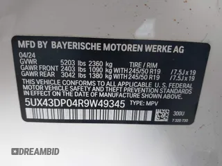 2024 BMW X3 sDrive30i with VIN 5UX43DP04R9W49345, listed as a IAAI auction lot 40539213 with 5,522 mi miles and . Bid and sale history available at DreamBid. Image 9.