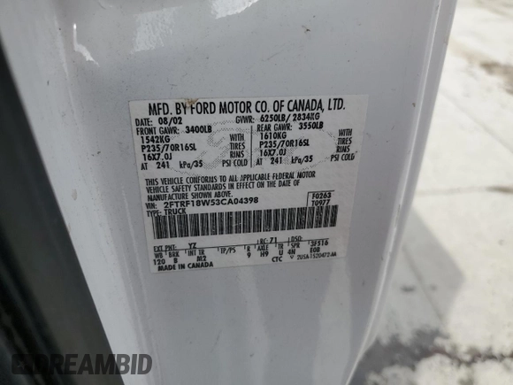 2003 Ford F-150 XL with VIN 2FTRF18W53CA04398, listed as a Copart auction lot 42981485 with 244,706 mi miles and Salvage title. Bid and sale history available at DreamBid. Image 12.