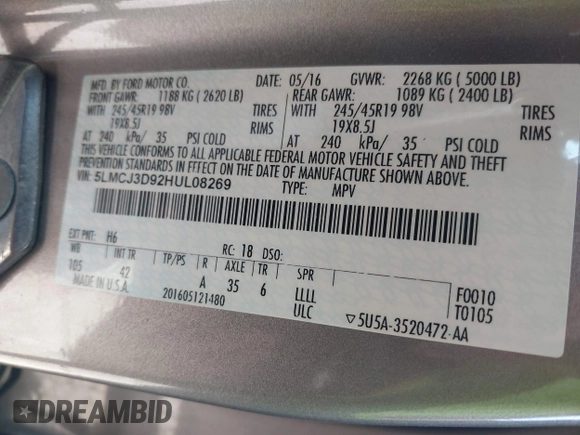 2017 Lincoln MKC Reserve with VIN 5LMCJ3D92HUL08269, listed as a IAAI auction lot 41859297 with 115,691 mi miles and . Bid and sale history available at DreamBid. Image 9.