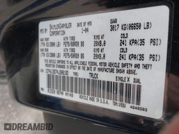 2004 Dodge 1500 SLT with VIN 1D7HU18D74J206183, listed as a IAAI auction lot 42224245 with 148,559 mi miles and . Bid and sale history available at carsss.com. Image 9.