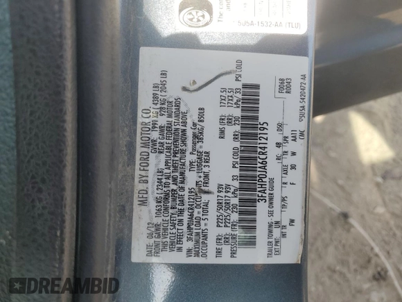 2012 Ford Fusion SEL with VIN 3FAHP0JA6CR412195, listed as a Copart auction lot 60922115 with 266,219 mi miles and Salvage title. Bid and sale history available at DreamBid. Image 13.