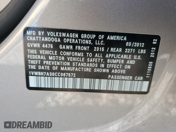 2012 Volkswagen Passat SE z VIN 1VWBH7A30CC067572, wystawiony jako Copart lot #87018124 z przebiegiem 191 468 mil mil oraz Szkoda całkowita • Salvage title. Historia ofert i sprzedaży dostępna na DreamBid. Obrazek 15.