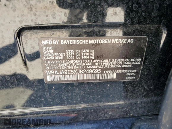 2018 BMW 5 Series 530e with VIN WBAJA9C5XJB249695, listed as a Copart auction lot 61974345 with Not provided miles and Clean title. Bid and sale history available at DreamBid. Image 12.