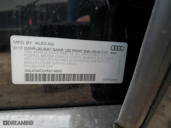 2017 Audi A8 L Sport with VIN WAU43AFD2HN014860, listed as a Copart auction lot 82930584 with 59,456 mi miles and Clean Title. Bid and sale history available at carsss.com. Image 12.