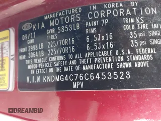 2012 Kia Sedona LX with VIN KNDMG4C76C6453523, listed as a IAAI auction lot 42189376 with 207,557 mi miles and . Bid and sale history available at carsss.com. Image 9.