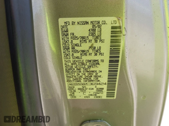 2002 Nissan Frontier XE with VIN 1N6DD26S82C369424, listed as a IAAI auction lot 42742604 with Not provided miles and . Bid and sale history available at DreamBid. Image 9.