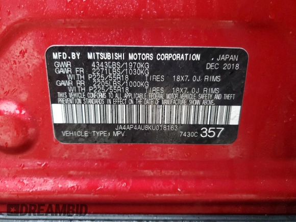 2019 Mitsubishi Outlander Sport SE 2.0 with VIN JA4AP4AU8KU018163, listed as a Copart auction lot 42295855 with 0 mi miles and Salvage Title. Bid and sale history available at carsss.com. Image 15.