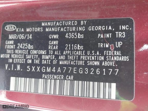 2014 Kia Optima LX with VIN 5XXGM4A77EG326177, listed as a IAAI auction lot 42088542 with 164,237 mi miles. Bid and sale history available at carsss.com. Image 9.