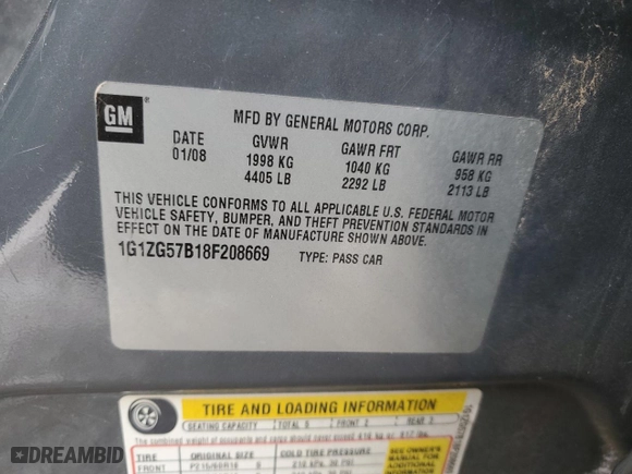 2008 Chevrolet Malibu LS w/1LS with VIN 1G1ZG57B18F208669, listed as a Copart auction lot 88109485 with 0 mi miles and Non Repairable. Bid and sale history available at carsss.com. Image 12.
