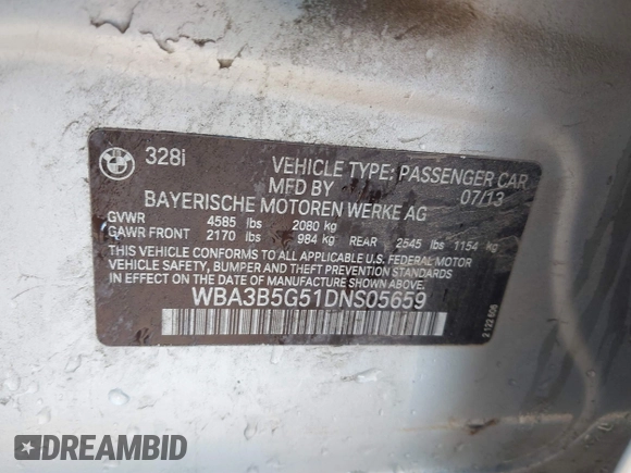 2013 BMW 3 Series 328i xDrive with VIN WBA3B5G51DNS05659, listed as a IAAI auction lot 41377886 with 159,972 mi miles. Bid and sale history available at carsss.com. Image 9.