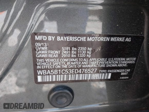 2014 BMW 5 Series 535i with VIN WBA5B1C53ED476527, listed as a IAAI auction lot 41827504 with Not Provided miles. Bid and sale history available at carsss.com. Image 9.
