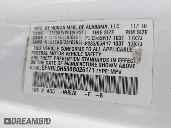 2011 Honda Odyssey EX-L with VIN 5FNRL5H60BB026171, listed as a IAAI auction lot 42511296 with 288,827 mi miles and . Bid and sale history available at DreamBid. Image 9.