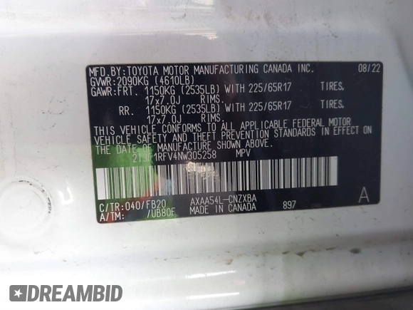 2022 Toyota RAV4 LE with VIN 2T3F1RFV4NW305258, listed as a IAAI auction lot 41632800 with 45,981 mi miles. Bid and sale history available at carsss.com. Image 9.