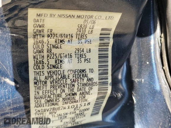 2007 Nissan Quest S with VIN 5N1BV28U87N101518, listed as a Copart auction lot 71054434 with 0 mi miles and Salvage Title. Bid and sale history available at carsss.com. Image 13.
