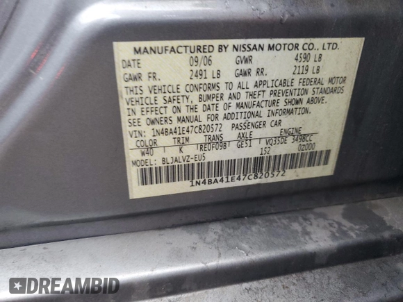 2007 Nissan Maxima 3.5 SE with VIN 1N4BA41E47C820572, listed as a Copart auction lot 72923084 with 202,750 mi miles and Salvage Title. Bid and sale history available at carsss.com. Image 12.