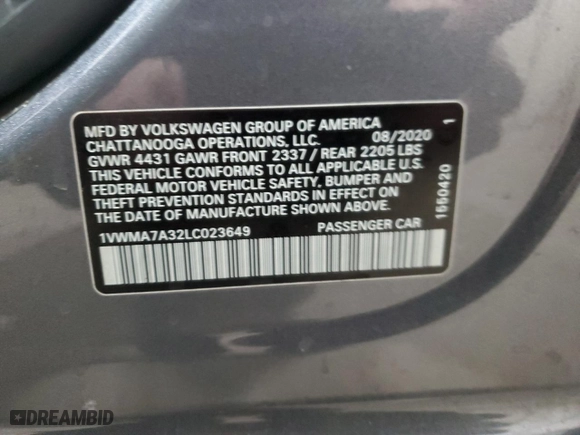 2020 Volkswagen Passat 2.0T R-Line with VIN 1VWMA7A32LC023649, listed as a Copart auction lot 88467535 with 31,647 mi miles and Salvage Title. Bid and sale history available at carsss.com. Image 13.