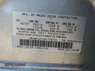 2008 Mazda 3 i Sport with VIN JM1BK12F281778705, listed as a Copart auction lot 89202195 with 243,541 mi miles and Salvage Title. Bid and sale history available at DreamBid. Image 14.