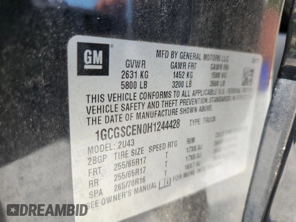 2017 Chevrolet Colorado 2WD LT with VIN 1GCGSCEN0H1244428, listed as a Copart auction lot 62574935 with 69,224 mi miles and Salvage title. Bid and sale history available at DreamBid. Image 12.