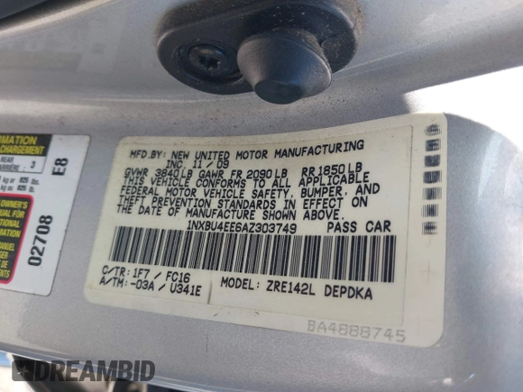 2010 Toyota Corolla with VIN 1NXBU4EE6AZ303749, listed as a IAAI auction lot 42652615 with 130,154 mi miles and . Bid and sale history available at DreamBid. Image 9.