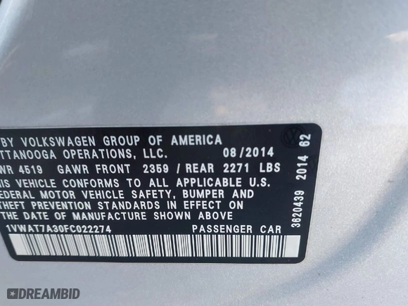 2015 Volkswagen Passat 1.8T S with VIN 1VWAT7A30FC022274, listed as a IAAI auction lot 41418742 with 139,214 mi miles. Bid and sale history available at carsss.com. Image 9.