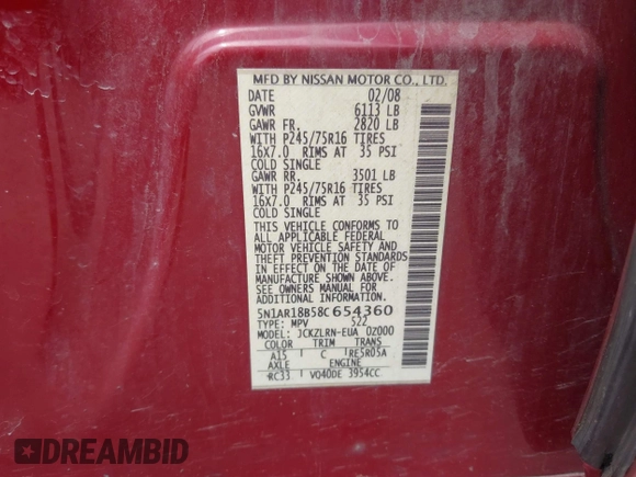 2008 Nissan Pathfinder SE z VIN 5N1AR18B58C654360, wystawiony jako IAAI lot #42353965 z przebiegiem 196 228 mil mil oraz . Historia ofert i sprzedaży dostępna na DreamBid. Obrazek 9.