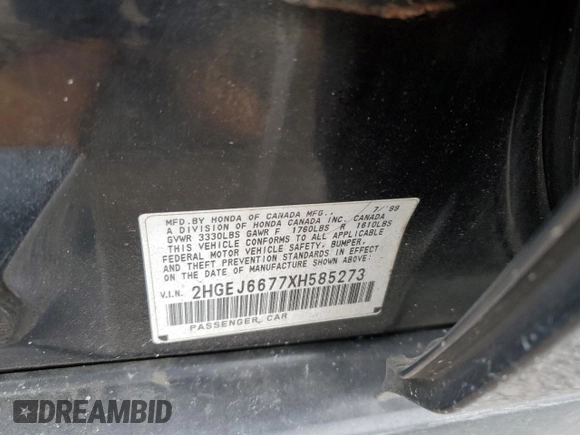 1999 Honda Civic LX with VIN 2HGEJ6677XH585273, listed as a Copart auction lot 51164635 with 184,874 mi miles and Salvage Title. Bid and sale history available at DreamBid. Image 12.