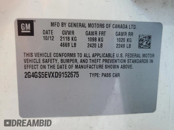 2013 Buick Regal Turbo Premium 1 with VIN 2G4GS5EVXD9152675, listed as a Copart auction lot 72451264 with 81,506 mi miles and Salvage Title. Bid and sale history available at carsss.com. Image 14.