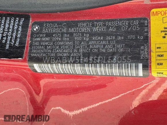 2005 BMW 3 Series 330Ci with VIN WBABW53435PL53055, listed as a Copart auction lot 65653465 with 112,923 mi miles and Clean title. Bid and sale history available at DreamBid. Image 10.