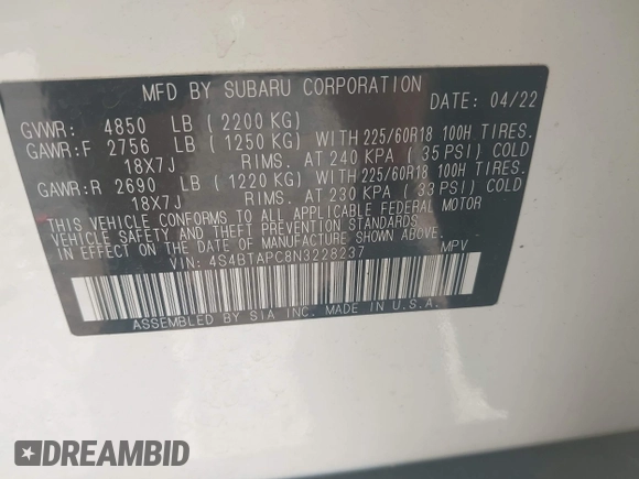 2022 Subaru Outback Touring with VIN 4S4BTAPC8N3228237, listed as a IAAI auction lot 42313282 with 12,640 mi miles and . Bid and sale history available at DreamBid. Image 9.