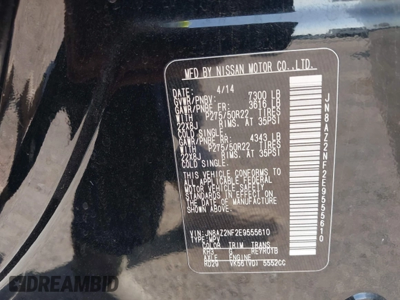2014 Infiniti QX80 with VIN JN8AZ2NF2E9555610, listed as a IAAI auction lot 42765210 with 215,717 mi miles and . Bid and sale history available at DreamBid. Image 9.