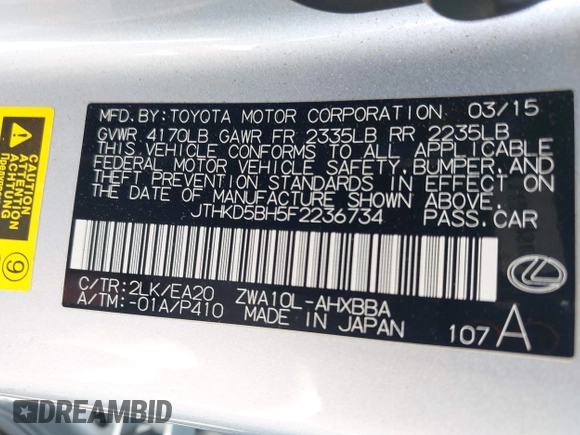 2015 Lexus CT 200h с VIN JTHKD5BH5F2236734, выставлен на аукционе IAAI как лот 42127956 с пробегом 89 811 миль миль и . История ставок и продаж доступна на DreamBid. Изображение 9.