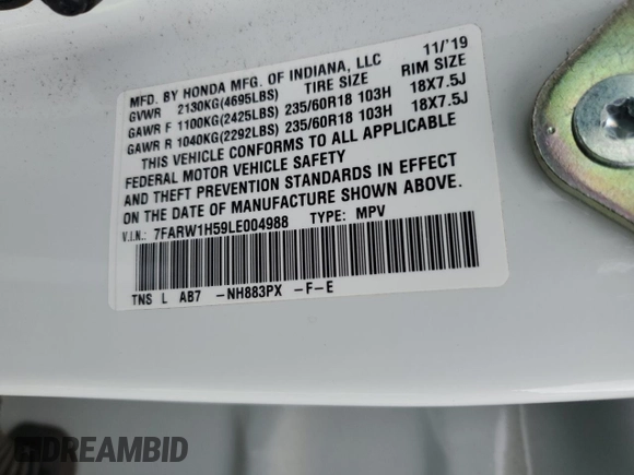 2020 Honda CR-V EX with VIN 7FARW1H59LE004988, listed as a Copart auction lot 59726565 with 38,136 mi miles and Salvage title. Bid and sale history available at DreamBid. Image 13.