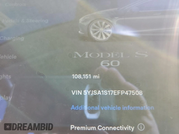2014 Tesla Model S 60 with VIN 5YJSA1S17EFP47508, listed as a Copart auction lot 47589275 with 108,151 mi miles and Salvage Title. Bid and sale history available at DreamBid. Image 9.
