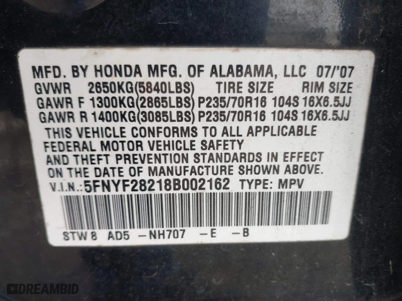 2008 Honda Pilot VP with VIN 5FNYF28218B002162, listed as a IAAI auction lot 39063504 with 252,691 mi miles. Bid and sale history available at carsss.com. Image 9.