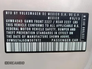2013 Volkswagen Jetta with VIN 3VW5S7AJ5DM307972, listed as a Copart auction lot 62768225 with 164,118 mi miles and Salvage title. Bid and sale history available at DreamBid. Image 12.