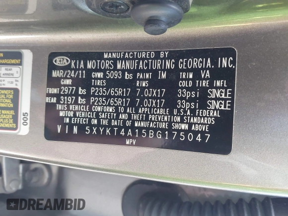 2011 Kia Sorento LX with VIN 5XYKT4A15BG175047, listed as a IAAI auction lot 42161402 with 102,509 mi miles and . Bid and sale history available at DreamBid. Image 9.