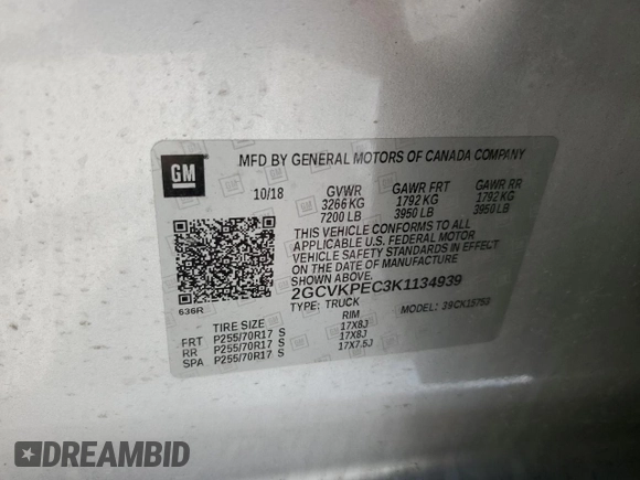 2019 Chevrolet Silverado 1500 LT with VIN 2GCVKPEC3K1134939, listed as a Copart auction lot 50899495 with Not Provided miles and Salvage Title. Bid and sale history available at DreamBid. Image 15.