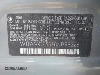 2008 BMW 3 Series 328xi with VIN WBAVC73578KP38226, listed as a IAAI auction lot 42517346 with 170,665 mi miles and . Bid and sale history available at DreamBid. Image 9.