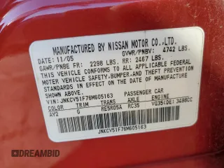 2006 Infiniti G35 with VIN JNKCV51F76M605163, listed as a Copart auction lot 75861024 with 183,050 mi miles and Salvage Title. Bid and sale history available at DreamBid. Image 12.